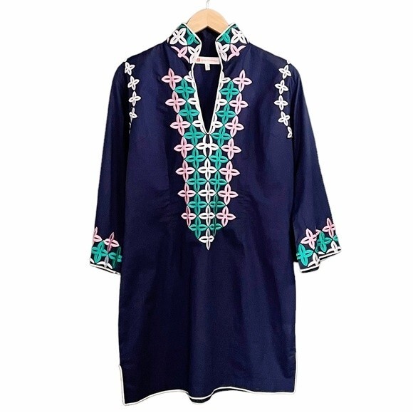 Jude Connally Embroidered Cotton Navy 3/4 Sleeve Tunic Women’s Size Medium - Picture 2 of 13